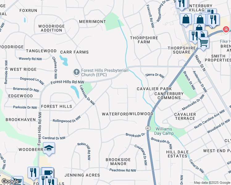 map of restaurants, bars, coffee shops, grocery stores, and more near 100 Dryden Place in Wilson