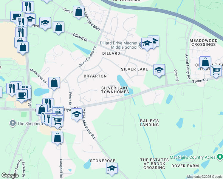 map of restaurants, bars, coffee shops, grocery stores, and more near 2420 Swans Rest Way in Raleigh