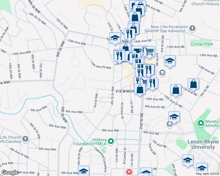map of restaurants, bars, coffee shops, grocery stores, and more near 1203 4th Street Drive Northwest in Hickory