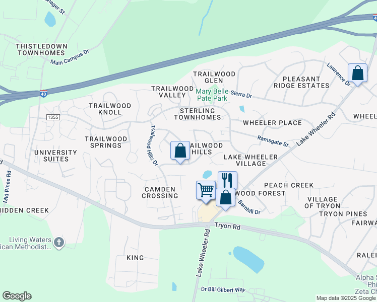 map of restaurants, bars, coffee shops, grocery stores, and more near 2513 Laurel Falls Lane in Raleigh