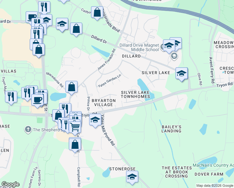 map of restaurants, bars, coffee shops, grocery stores, and more near 5408 Tryon Road in Raleigh