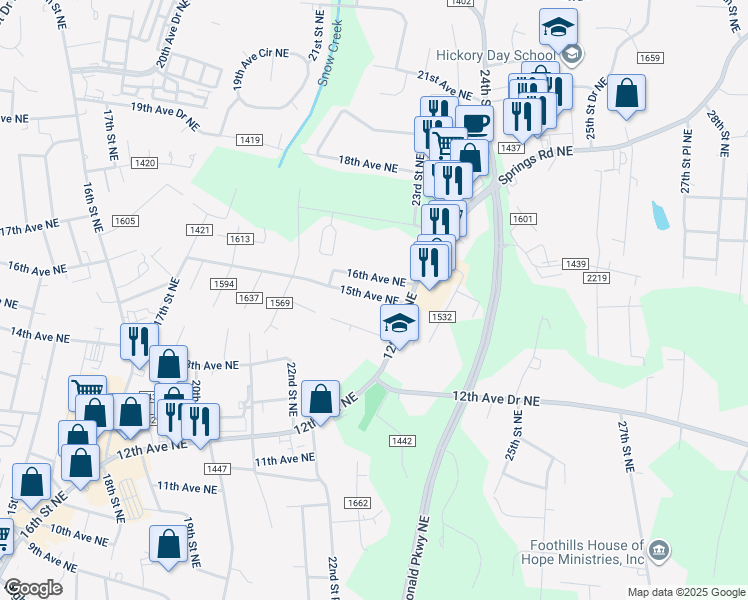 map of restaurants, bars, coffee shops, grocery stores, and more near 2224 15th Avenue Northeast in Hickory