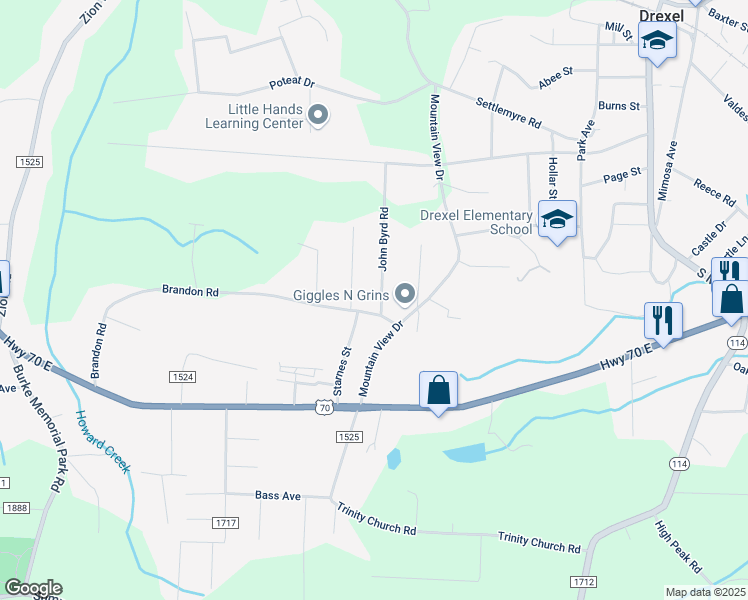 map of restaurants, bars, coffee shops, grocery stores, and more near 2270 John Byrd Road in Morganton