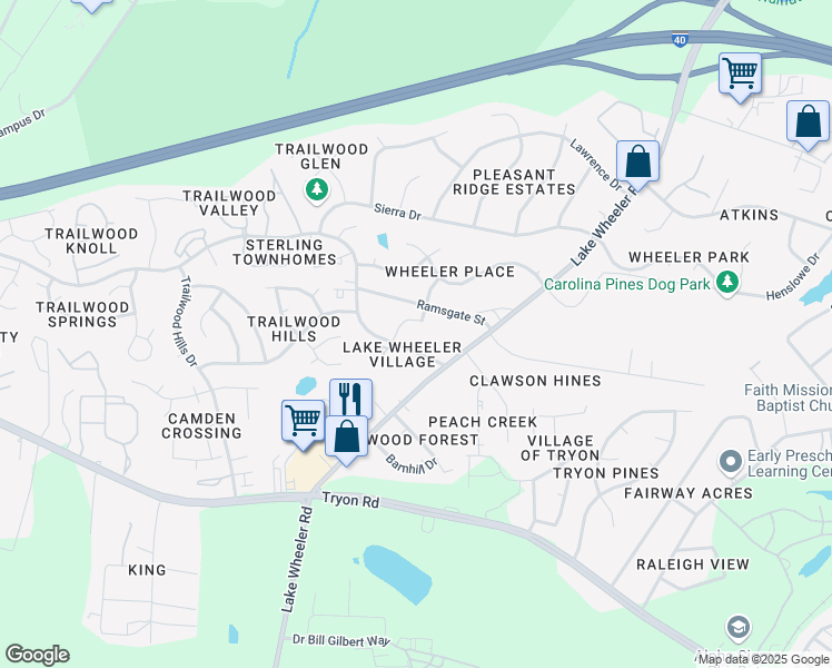 map of restaurants, bars, coffee shops, grocery stores, and more near 2420 Lake Wheeler Road in Raleigh