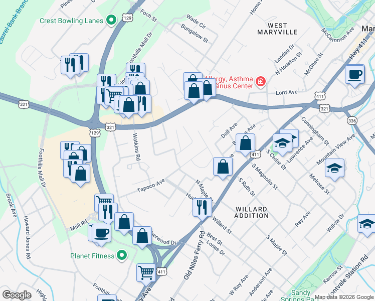 map of restaurants, bars, coffee shops, grocery stores, and more near 1112 Sunset Drive in Maryville