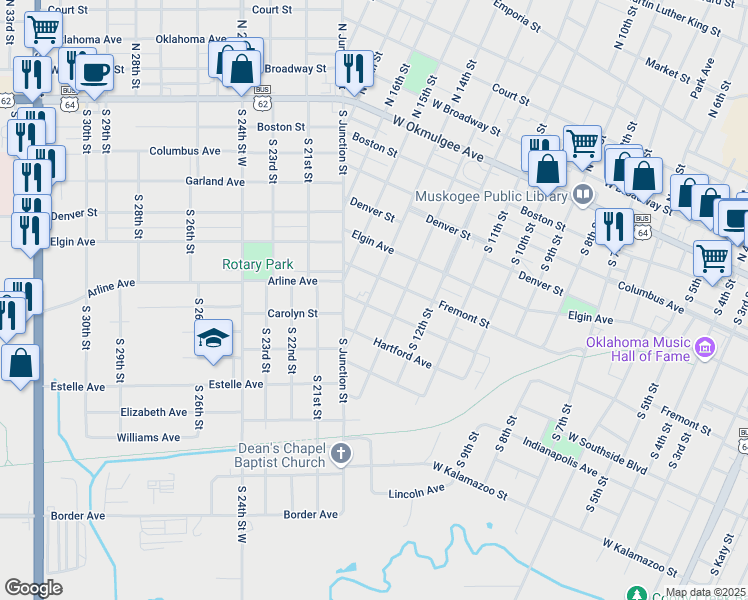 map of restaurants, bars, coffee shops, grocery stores, and more near 1324 Georgetown Avenue in Muskogee