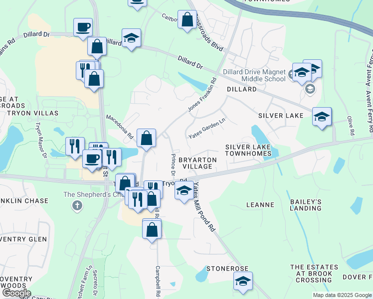 map of restaurants, bars, coffee shops, grocery stores, and more near 2416 School Creek Place in Raleigh