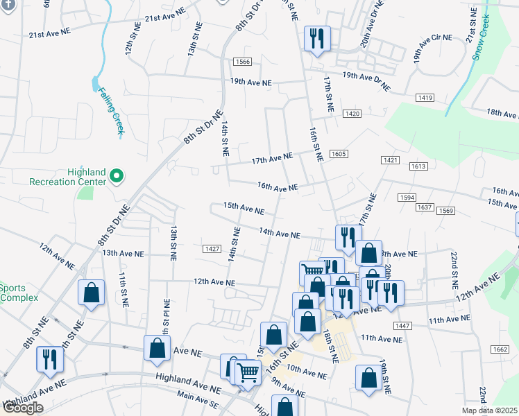 map of restaurants, bars, coffee shops, grocery stores, and more near 1429 15th Avenue Northeast in Hickory