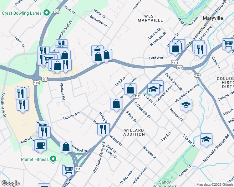 map of restaurants, bars, coffee shops, grocery stores, and more near 1003 Broyles Avenue in Maryville