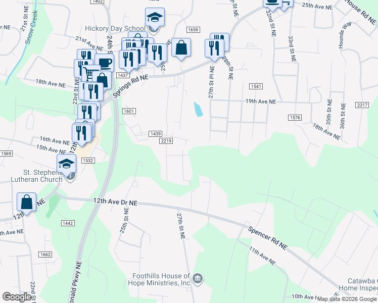 map of restaurants, bars, coffee shops, grocery stores, and more near 2699 16th Avenue Place Northeast in Hickory