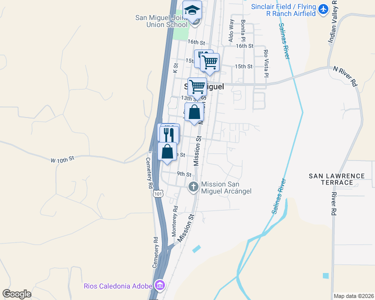 map of restaurants, bars, coffee shops, grocery stores, and more near 1042 L Street in San Miguel