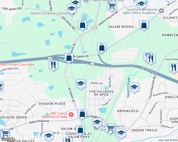 map of restaurants, bars, coffee shops, grocery stores, and more near 1174 Boxcar Way in Apex