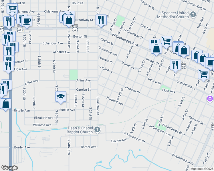 map of restaurants, bars, coffee shops, grocery stores, and more near 1324 Georgetown Avenue in Muskogee