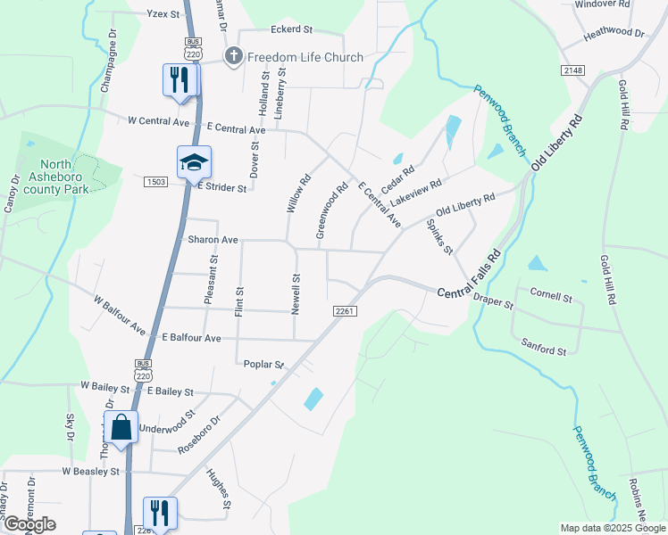 map of restaurants, bars, coffee shops, grocery stores, and more near 1826 Portage Parkway in Asheboro