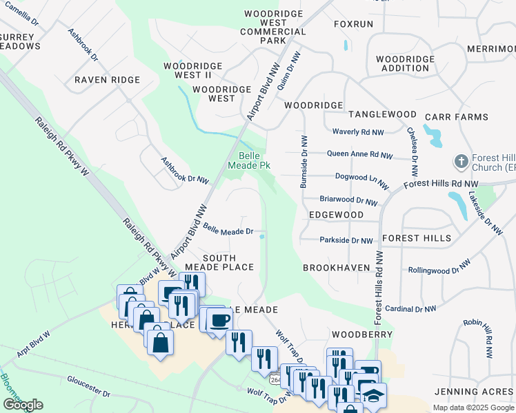 map of restaurants, bars, coffee shops, grocery stores, and more near 3319 Jennings Farm Drive Northwest in Wilson