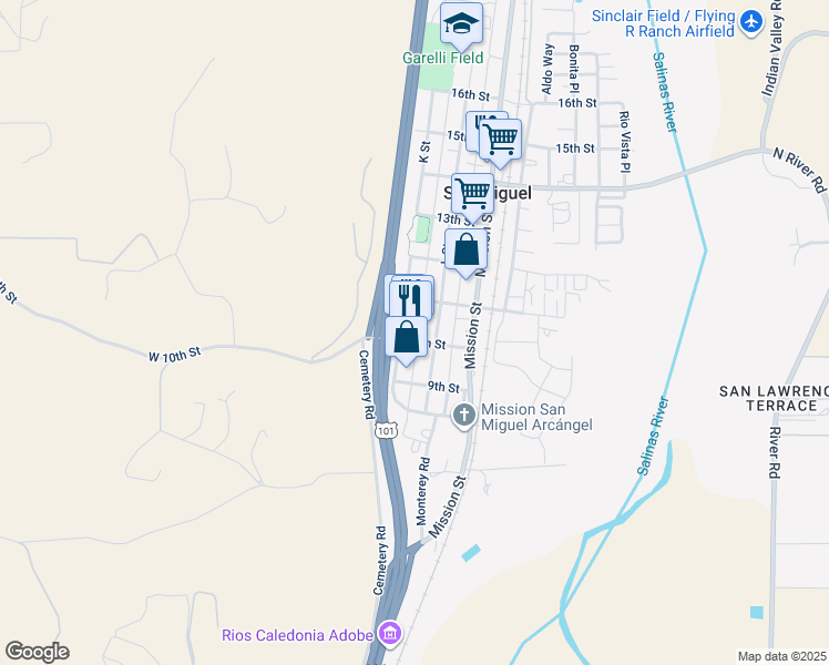 map of restaurants, bars, coffee shops, grocery stores, and more near 249 10th Street in San Miguel