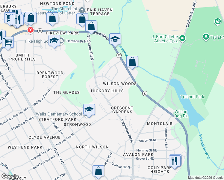 map of restaurants, bars, coffee shops, grocery stores, and more near 1604-1606 Ashland Dr N in Wilson