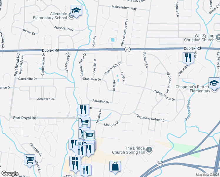 map of restaurants, bars, coffee shops, grocery stores, and more near 2718 Mollys Ct in Spring Hill