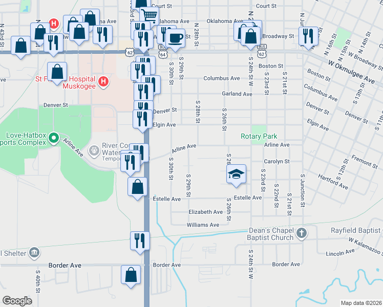 map of restaurants, bars, coffee shops, grocery stores, and more near 700 South 29th Street in Muskogee