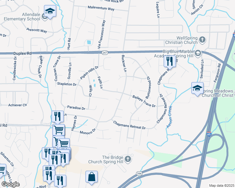 map of restaurants, bars, coffee shops, grocery stores, and more near 2867 Faith Lane in Spring Hill