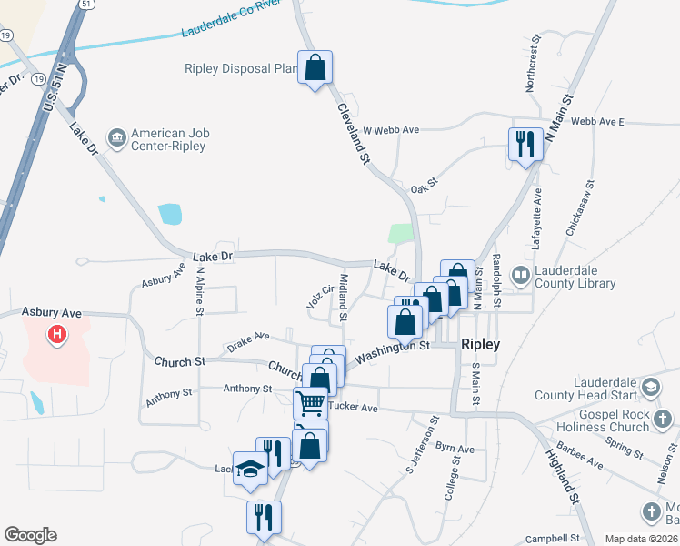 map of restaurants, bars, coffee shops, grocery stores, and more near 182 Lake Drive in Ripley