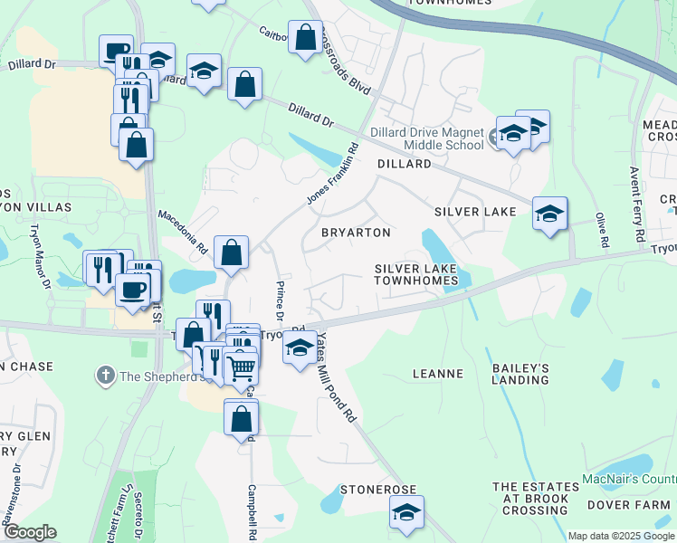 map of restaurants, bars, coffee shops, grocery stores, and more near 5520 Nur Lane in Raleigh