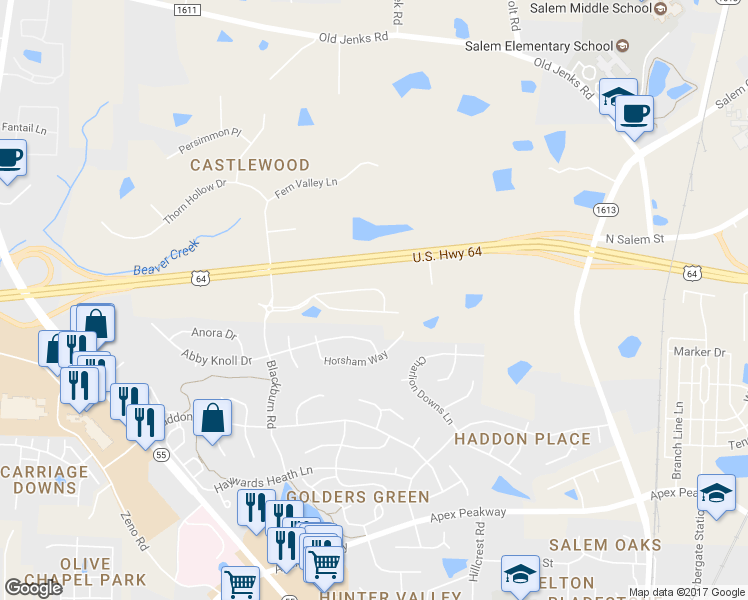 map of restaurants, bars, coffee shops, grocery stores, and more near 1701 U.S. 64 in Apex