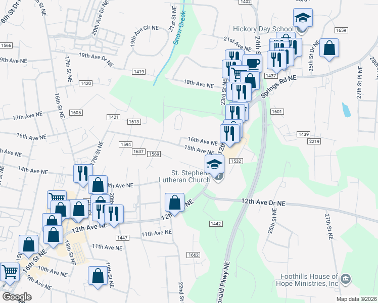 map of restaurants, bars, coffee shops, grocery stores, and more near 2222 15th Avenue Northeast in Hickory