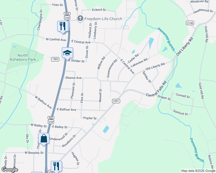 map of restaurants, bars, coffee shops, grocery stores, and more near 1826 Portage Parkway in Asheboro