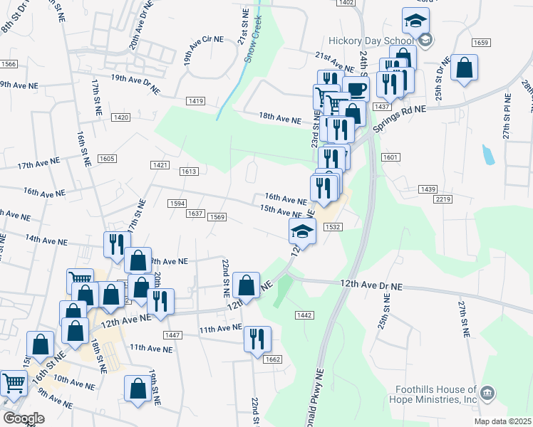 map of restaurants, bars, coffee shops, grocery stores, and more near 2222 15th Avenue Northeast in Hickory