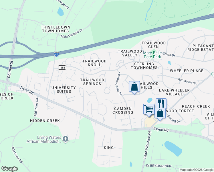 map of restaurants, bars, coffee shops, grocery stores, and more near 2228 Leadenhall Way in Raleigh