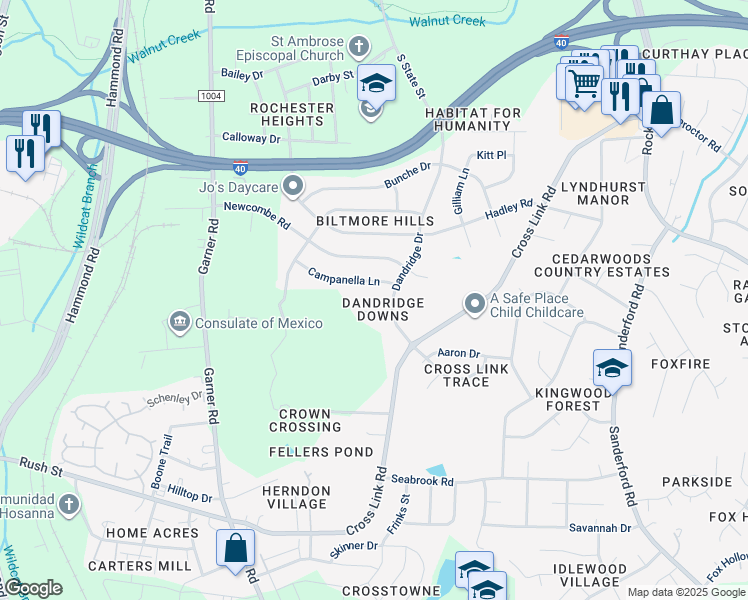 map of restaurants, bars, coffee shops, grocery stores, and more near 804 Elkhart Drive in Raleigh