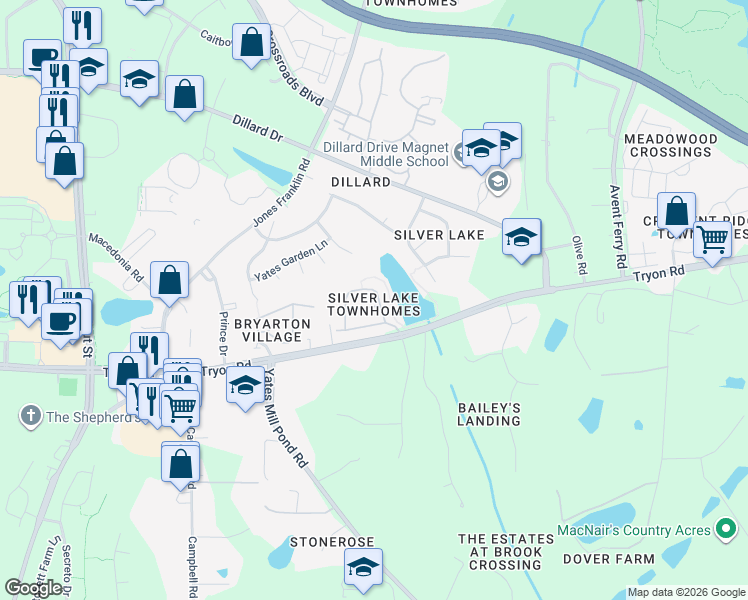 map of restaurants, bars, coffee shops, grocery stores, and more near 2420 Swans Rest Way in Raleigh