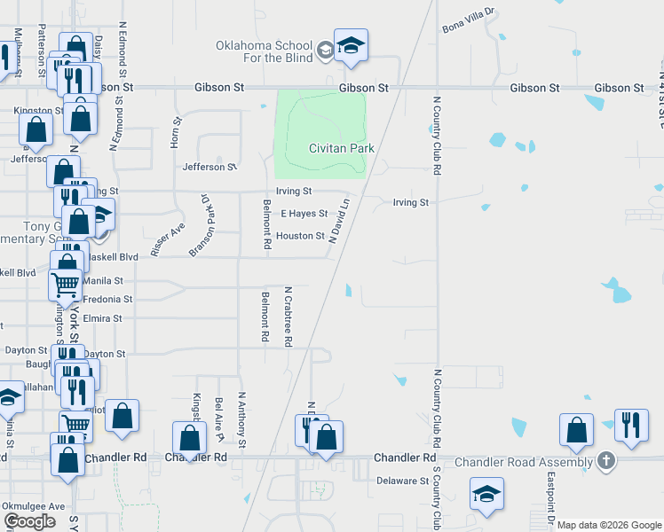 map of restaurants, bars, coffee shops, grocery stores, and more near 2903 Haskell Boulevard in Muskogee