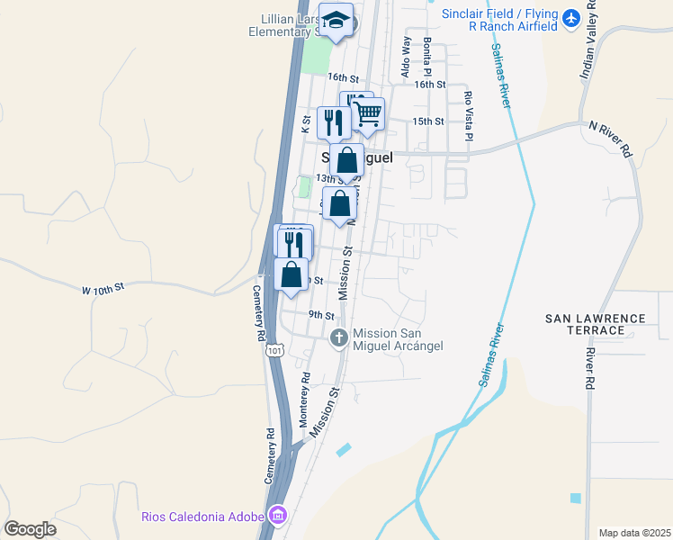 map of restaurants, bars, coffee shops, grocery stores, and more near 1043 Mission Street in San Miguel