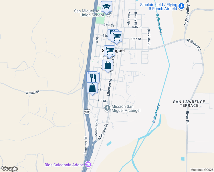 map of restaurants, bars, coffee shops, grocery stores, and more near 1043 Mission Street in San Miguel
