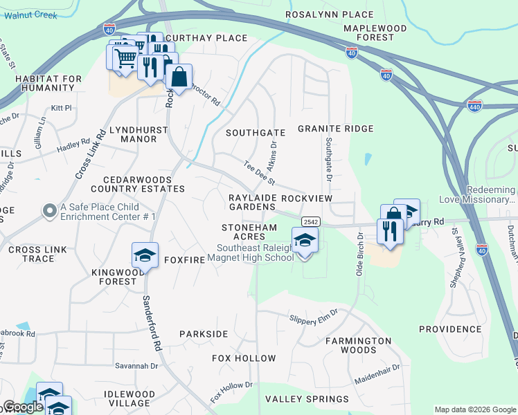 map of restaurants, bars, coffee shops, grocery stores, and more near 2424 Rock Quarry Road in Raleigh