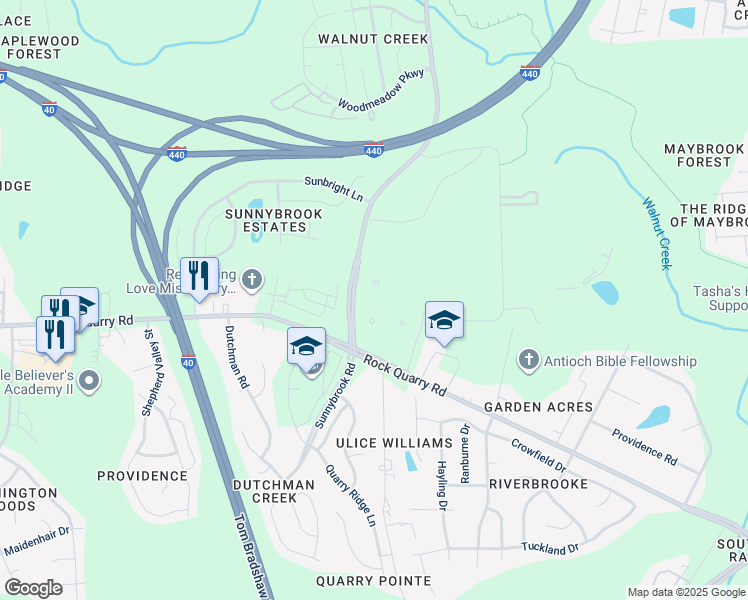 map of restaurants, bars, coffee shops, grocery stores, and more near 2301 Brightcreek Falls Trail in Raleigh