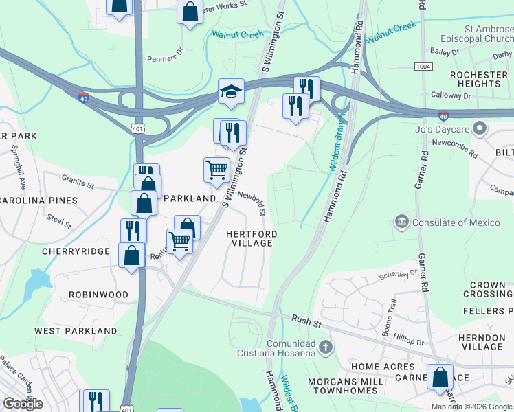 map of restaurants, bars, coffee shops, grocery stores, and more near 2530 Newbold Street in Raleigh