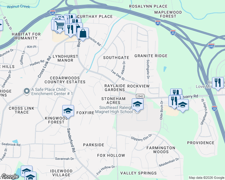 map of restaurants, bars, coffee shops, grocery stores, and more near 2424 Rock Quarry Road in Raleigh