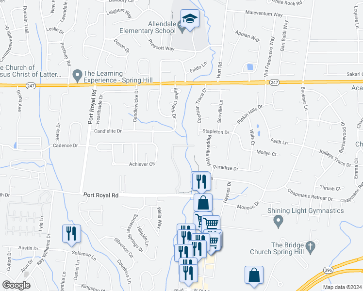 map of restaurants, bars, coffee shops, grocery stores, and more near Walden Creek Trace in Spring Hill