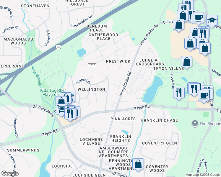 map of restaurants, bars, coffee shops, grocery stores, and more near 206 Durington Place in Cary