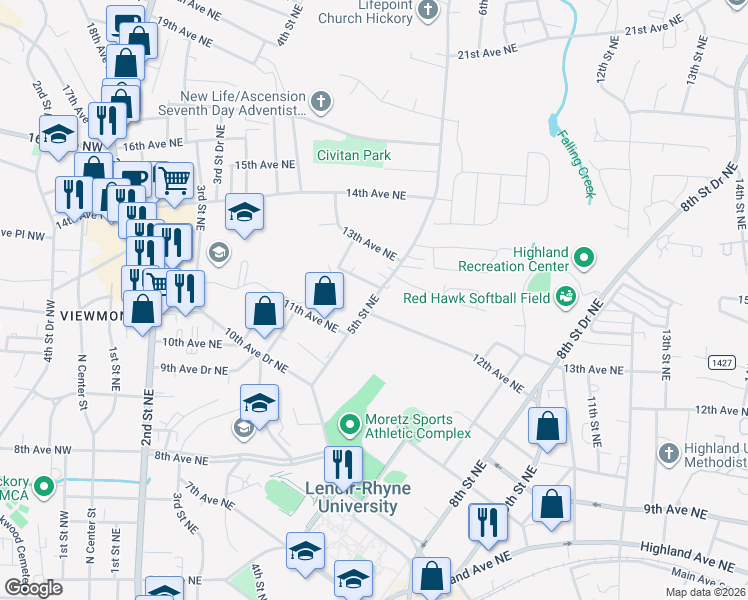 map of restaurants, bars, coffee shops, grocery stores, and more near 501 12th Avenue Northeast in Hickory