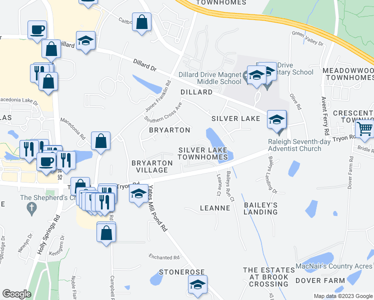 map of restaurants, bars, coffee shops, grocery stores, and more near 1237 Silver Beach Way in Raleigh
