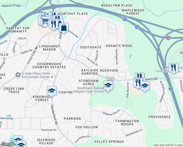 map of restaurants, bars, coffee shops, grocery stores, and more near 2424 Rock Quarry Road in Raleigh