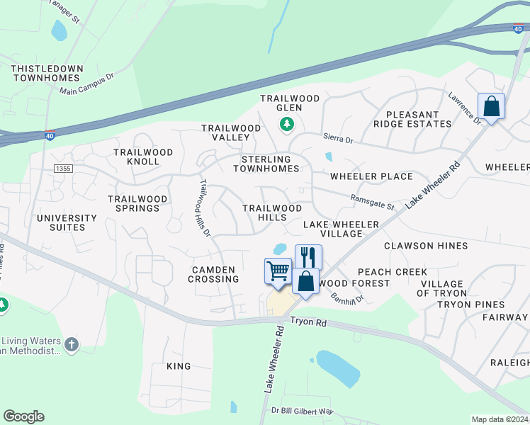 map of restaurants, bars, coffee shops, grocery stores, and more near 2512 Farlow Gap Lane in Raleigh