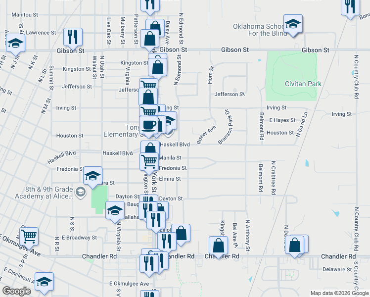 map of restaurants, bars, coffee shops, grocery stores, and more near 2501 Haskell Boulevard in Muskogee