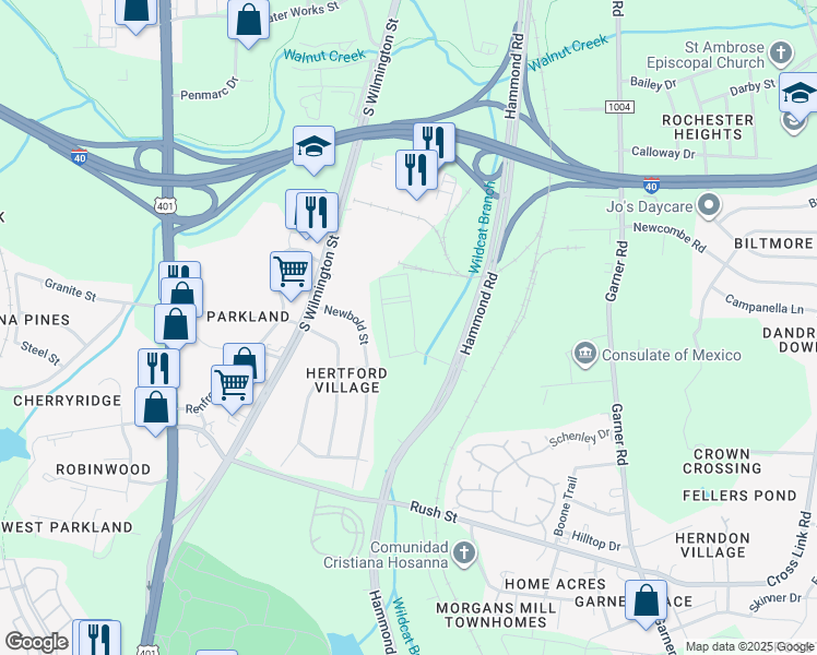 map of restaurants, bars, coffee shops, grocery stores, and more near Hammond Rd in Raleigh