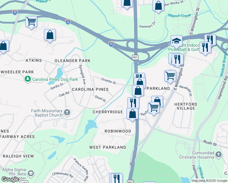 map of restaurants, bars, coffee shops, grocery stores, and more near 530 Carolina Pines Avenue in Raleigh
