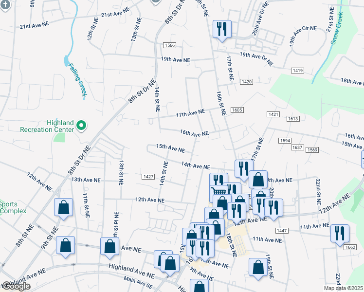 map of restaurants, bars, coffee shops, grocery stores, and more near 1429 15th Avenue Northeast in Hickory